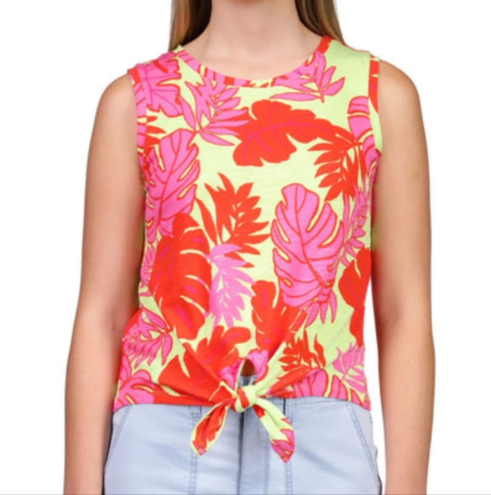Sanctuary Pink/Green Neon Palm Leaf Sleeveless Front Tie Tank Top - Large